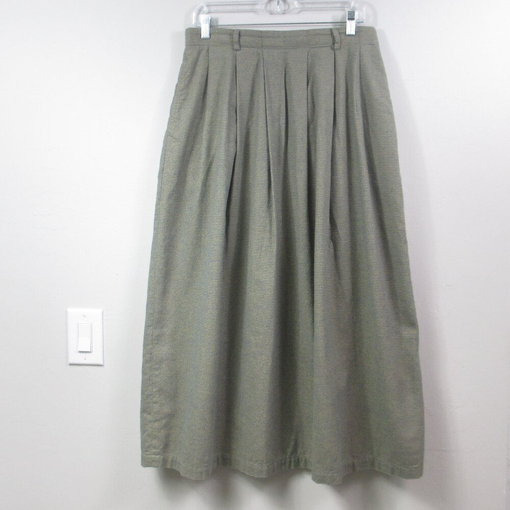 Vintage Orvis Flannel Check Houndstooth Pleat Midi Skirt Pockets Beige Blue 14